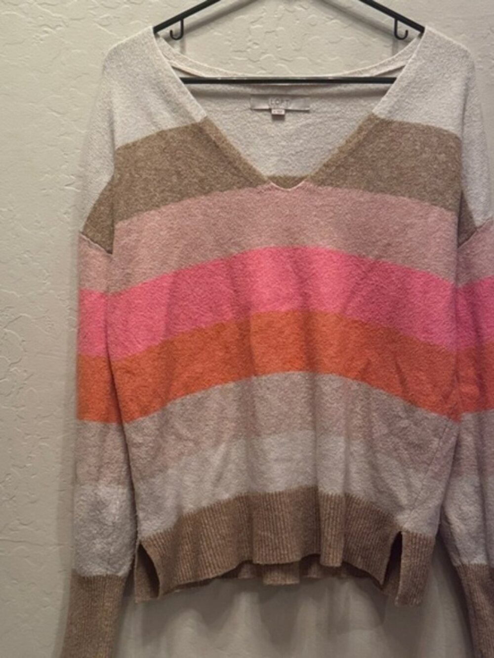 LOFT Striped V-Neck Sweater in Pink, Orange, and Tan / R19
